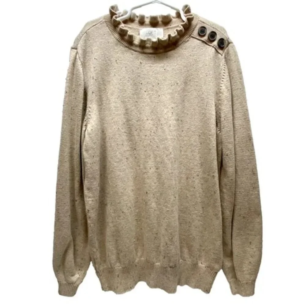 Loft Sweater Women’s Small Beige Speckle Ruffled Collar Button Accent Longsleeve